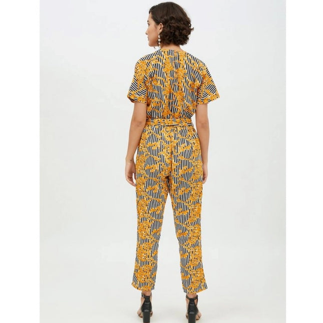Women's Polyester Printed Half Sleeve Long Jumpsuit (Yellow)