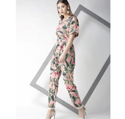 Women's Polyester Floral Half Sleeve Jumpsuit (Pink)