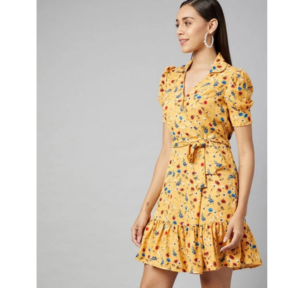 Women's Polyester Floral Short Sleeve Above Knee Dress (Yellow)