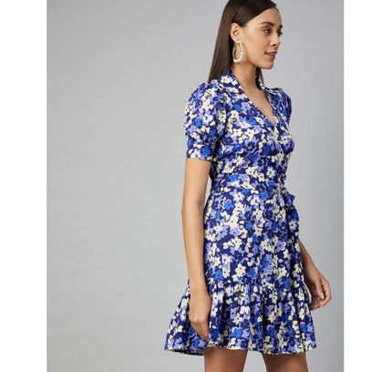 Women's Polyester Floral Short Sleeve Above Knee Dress (Blue - Purple)