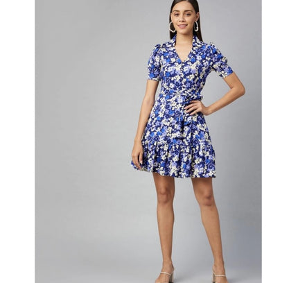 Women's Polyester Floral Short Sleeve Above Knee Dress (Blue - Purple)