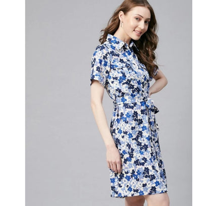Women's Polyester Floral Short Sleeve Above Knee Dress (Blue - White)