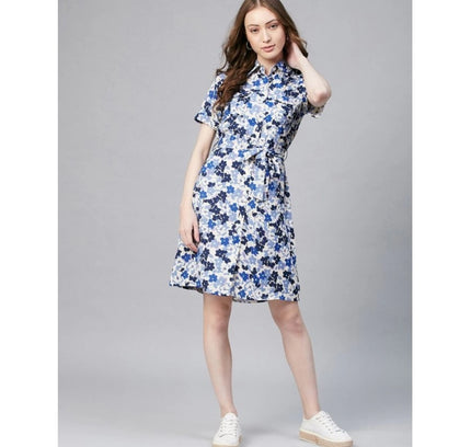 Women's Polyester Floral Short Sleeve Above Knee Dress (Blue - White)