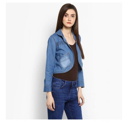 Women's Denim Smocking 3-4th Sleeves Shrug (Blue)