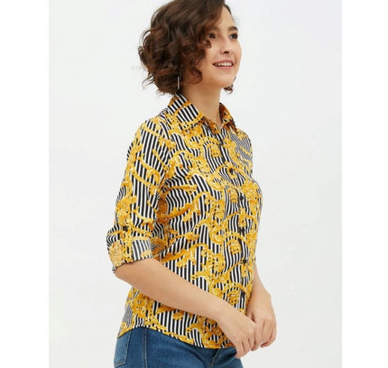 Women's Polyester Printed Roll Up Sleeve Standard Length Shirt (Mustared)