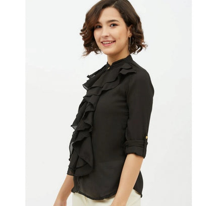 Women's Polyester Ruffled Long Sleeves Standard Length Shirt (Black)