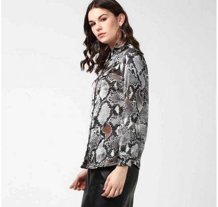 Women's Satin Animal Print Long Sleeves Standard Length Shirt (Black - Grey)