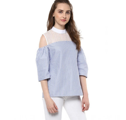 Women's Cotton Striped Cold Shoulder Top (Blue)