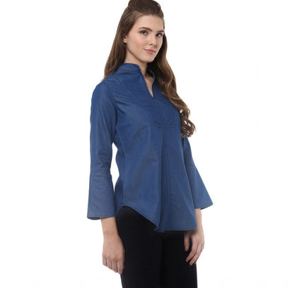 Women's Denim Solid Bell Sleeve Regular Top (Blue Denim)