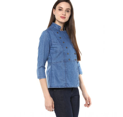 Women's Denim Solid 3-4th Sleeves Regular Top (Blue)