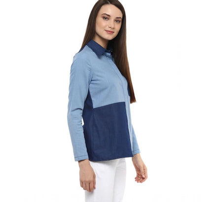 Women's Denim Patch Work Long Sleeves Regular Top (Blue)