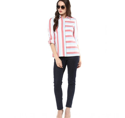 Women's Cotton Striped Roll Up Sleeve Regular Top (Red)