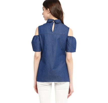 Women's Denim Solid Cold Shoulder Regular Top (Blue)