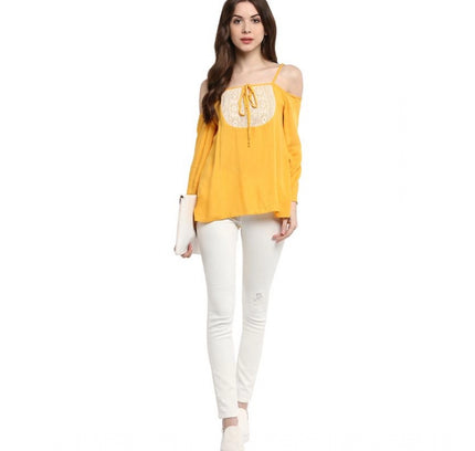 Women's Rayon Embellished Cold Shoulder Regular Top (Mustard Yellow)