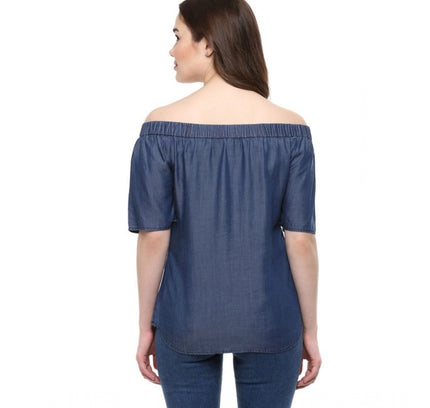 Women's Denim Solid Short Sleeve Regular Top (Blue)