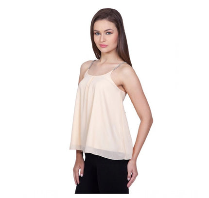Women's Polyester Solid Shoulder Straps Regular Top (Beige)