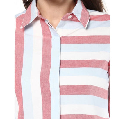 Women's Cotton Striped Roll Up Sleeve Regular Top (Red)