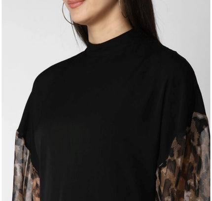 Women's Polyester Animal Print Long Sleeves Top (Black)