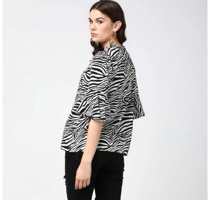Women's Polyester Animal Print Bell Sleeve Top (Black - White)