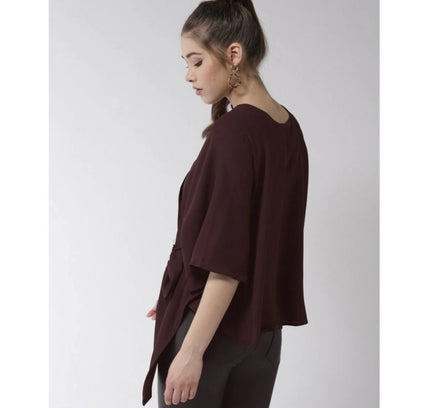 Women's Polyester Solid Cape Sleeve Top (Maroon)