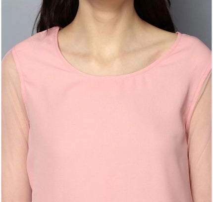 Women's Polyester Solid Tier Sleeve Top (Pink)