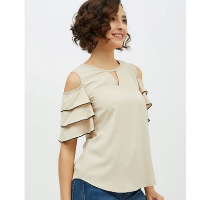 Women's Polyester Tiered Cold Shoulder Top (Beige)