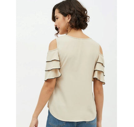 Women's Polyester Tiered Cold Shoulder Top (Beige)