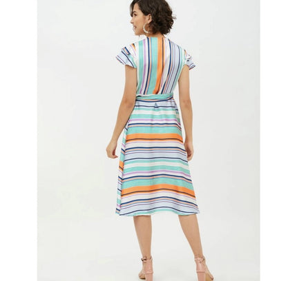 Women's Satin Striped Short Sleeve Knee-Length Dress (Multicolor)