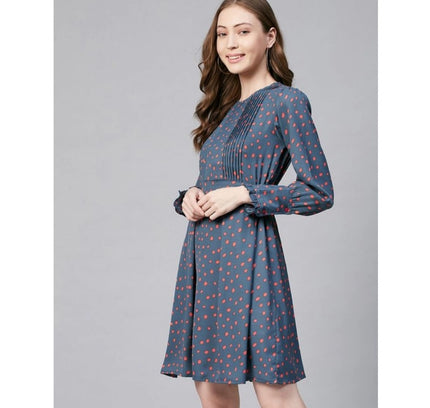 Women's Polyester Polka Long Sleeves Above Knee Dress (Grey - Coral)