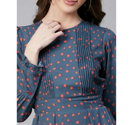 Women's Polyester Polka Long Sleeves Above Knee Dress (Grey - Coral)