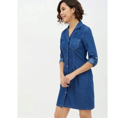 Women's Denim Solid Long Sleeves Above Knee Dress (Blue)