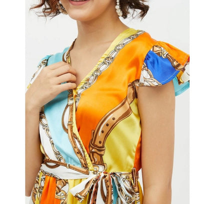 Women's Satin Chain Print Cap Sleeve Calf-length Dress (Multicolor)