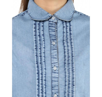 Women's Denim Solid 3-4th Sleeves Standard Length Shirt (Blue)