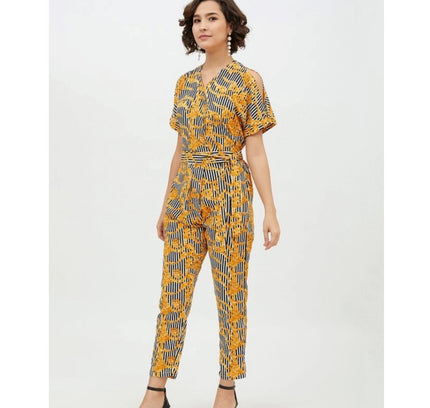 Women's Polyester Printed Half Sleeve Long Jumpsuit (Yellow)