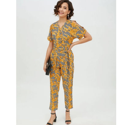 Women's Polyester Printed Half Sleeve Long Jumpsuit (Yellow)