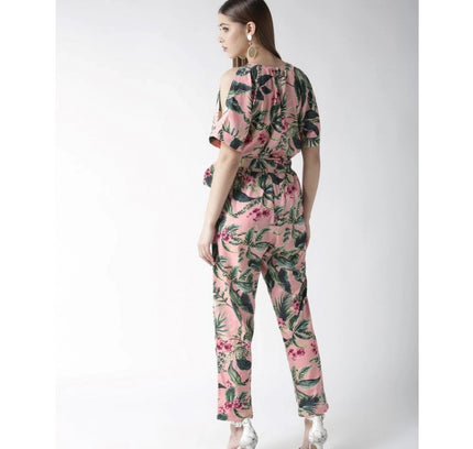 Women's Polyester Floral Half Sleeve Jumpsuit (Pink)