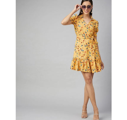Women's Polyester Floral Short Sleeve Above Knee Dress (Yellow)