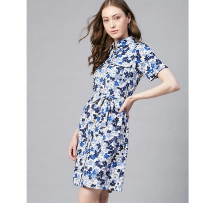 Women's Polyester Floral Short Sleeve Above Knee Dress (Blue - White)