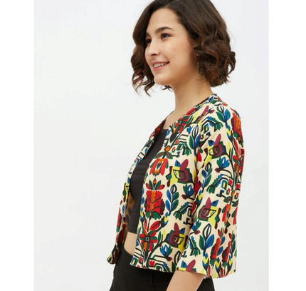 Women's Polyester Floral 3-4th Sleeves Shrug (Multicolor)