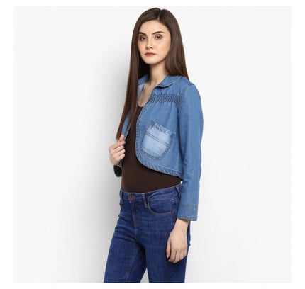 Women's Denim Smocking 3-4th Sleeves Shrug (Blue)