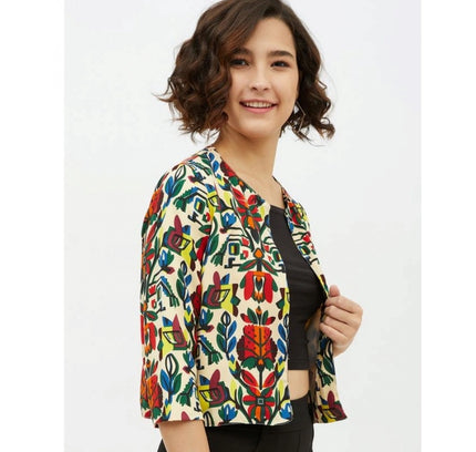 Women's Polyester Floral 3-4th Sleeves Shrug (Multicolor)