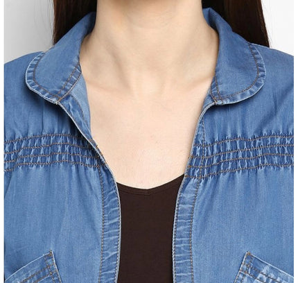 Women's Denim Smocking 3-4th Sleeves Shrug (Blue)