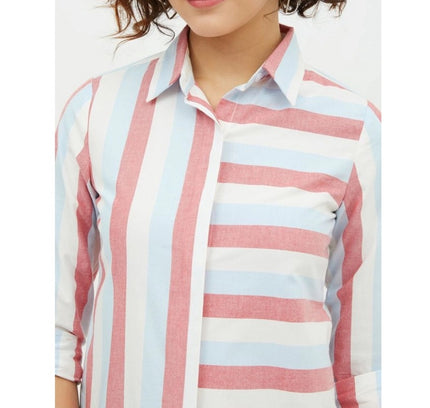 Women's Cotton Striped Long Sleeves Standard Length Shirt (Pink)