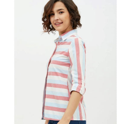 Women's Cotton Striped Long Sleeves Standard Length Shirt (Pink)
