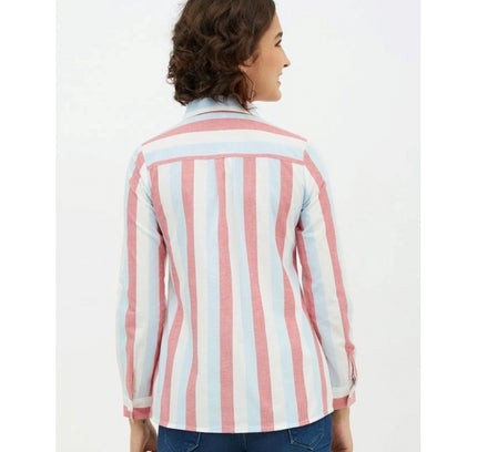 Women's Cotton Striped Long Sleeves Standard Length Shirt (Pink)