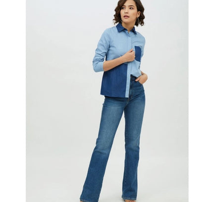 Women's Denim Patch Work Long Sleeves Standard Length Shirt (Blue)