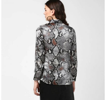 Women's Satin Animal Print Long Sleeves Standard Length Shirt (Black - Grey)