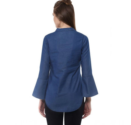 Women's Denim Solid Bell Sleeve Regular Top (Blue Denim)