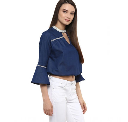Women's Polyester Solid Bell Sleeve Regular Top (Blue)