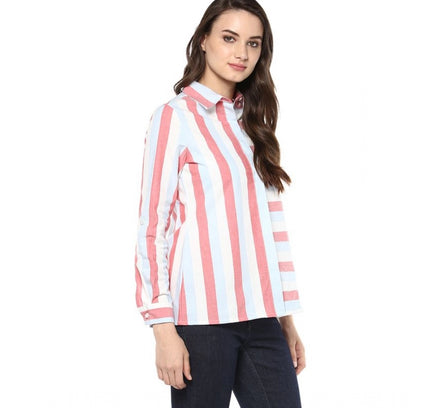 Women's Cotton Striped Roll Up Sleeve Regular Top (Red)